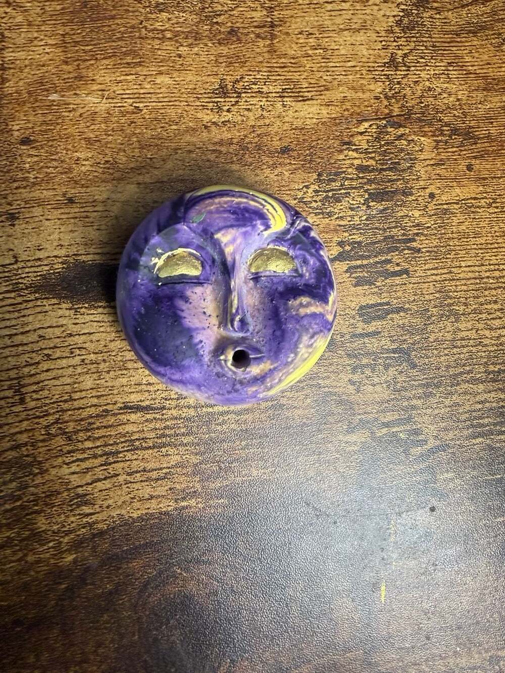 Handmade Purple & Yellow Swirl Moon Face Incense Holder Celestial Decor